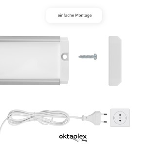 Oktaplex LED Unterbauleuchte 90cm, flaches Design, Aluminium, Warmweiß, mit Schraube, Stecker und Steckdose.