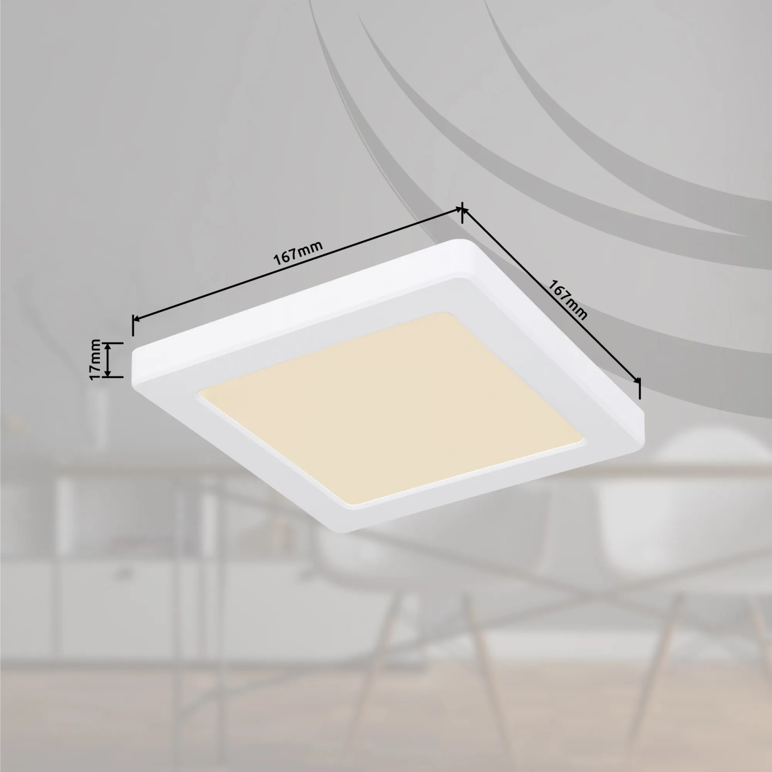 Weiße, quadratische LED-Deckenleuchte Lasse, 167x167x17 mm, mit einstellbaren Weißtönen.
