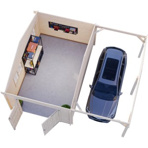 Palmako Garage Roger mit Holztor, tauchgrundiert, mit Carport und Auto von oben.