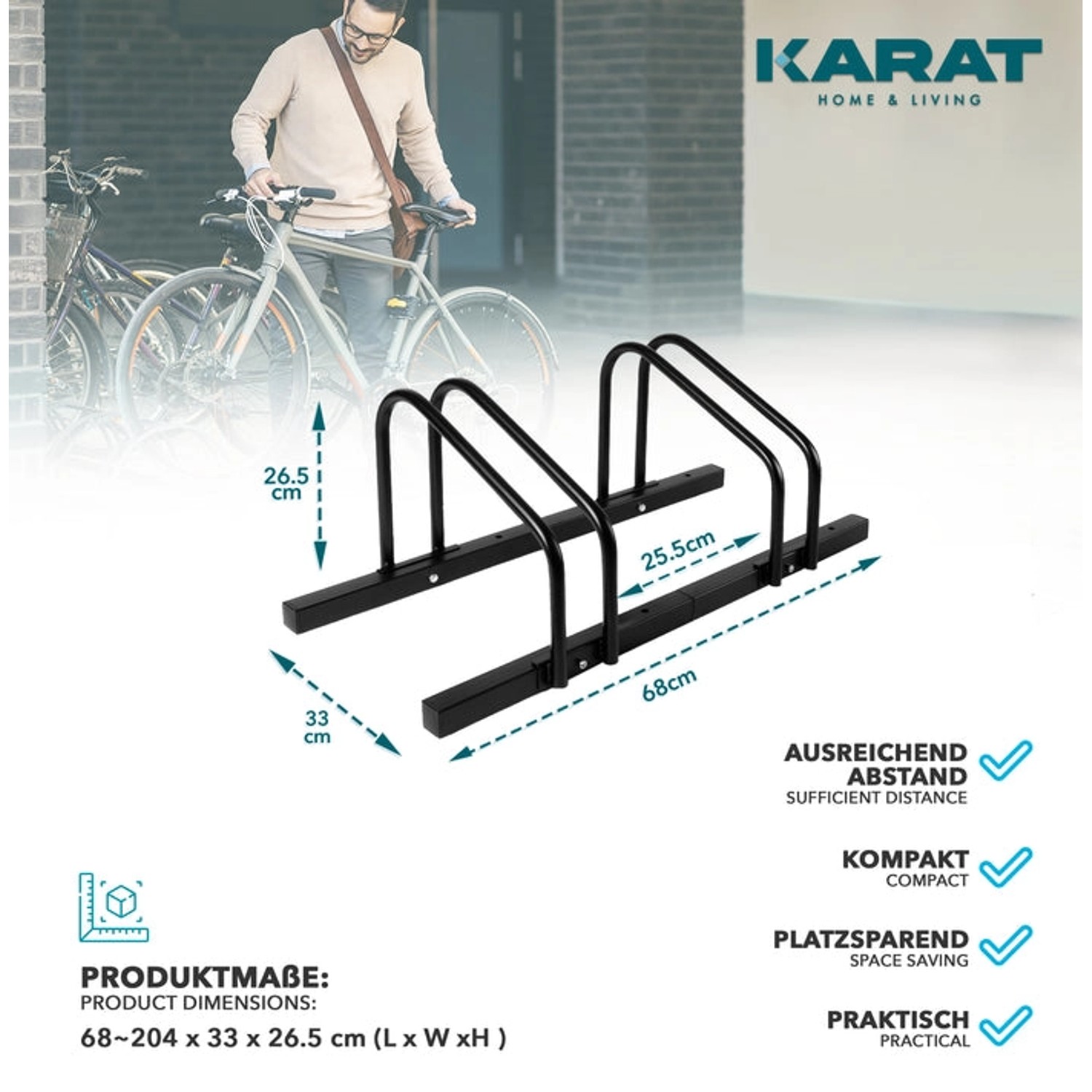 Schwarzer KARAT Fahrradständer Linus für 2 Fahrräder, zur Boden- oder Wandmontage.