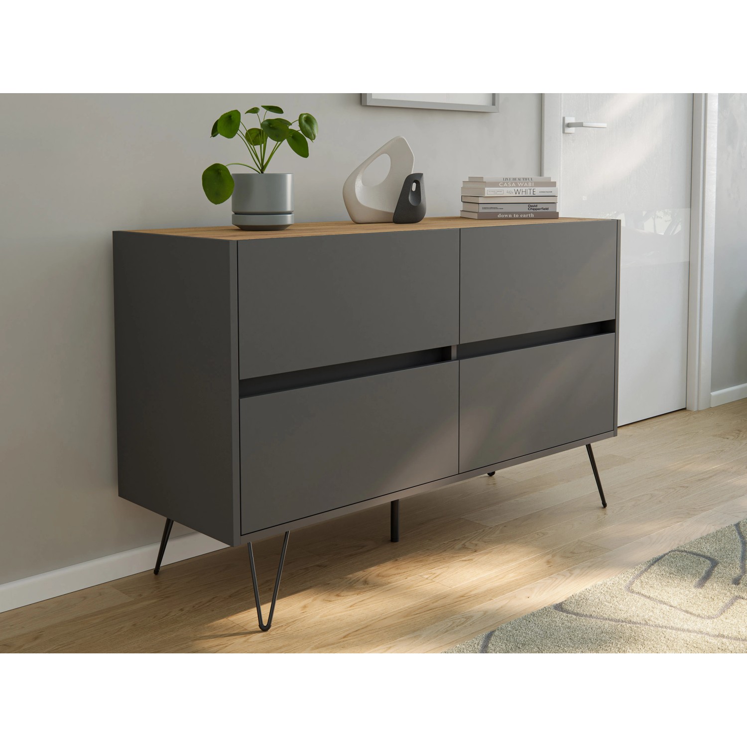 Posseik Sideboard Industrial E 4 Schubladen 120 cm Grafit Eiche Top günstig online kaufen
