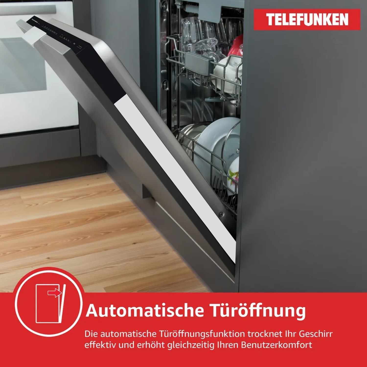 Telefunken Geschirrspüler, vollintegriert, 60cm, mit geöffneter Tür und Geschirr im Innenraum.
