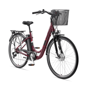 Telefunken City E-Bike 28 Zoll in Rot mit Korb, 7-Gang Kettenschaltung und Frontmotor.