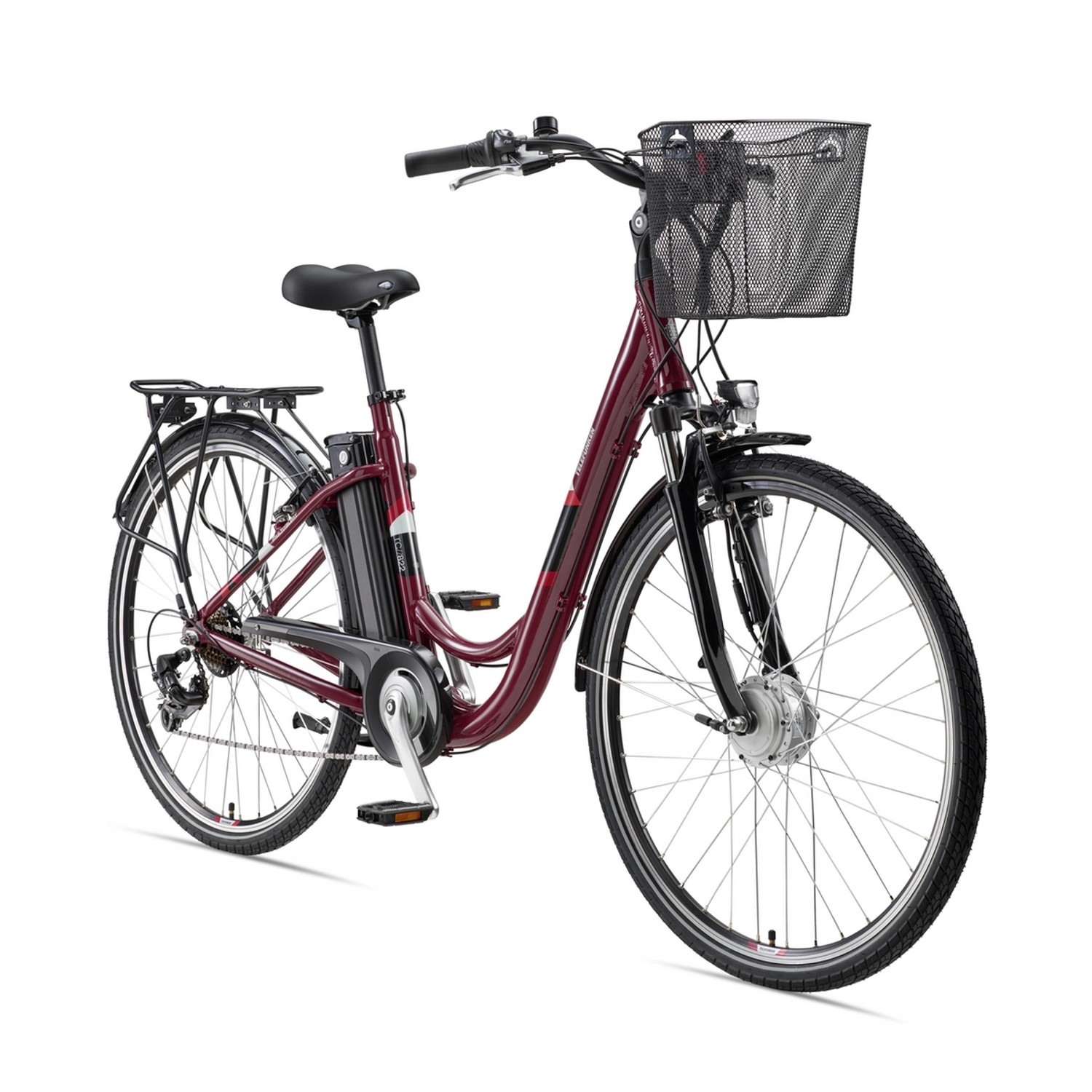Telefunken City E-Bike 28 Zoll in Rot mit Korb, 7-Gang Kettenschaltung und Frontmotor.