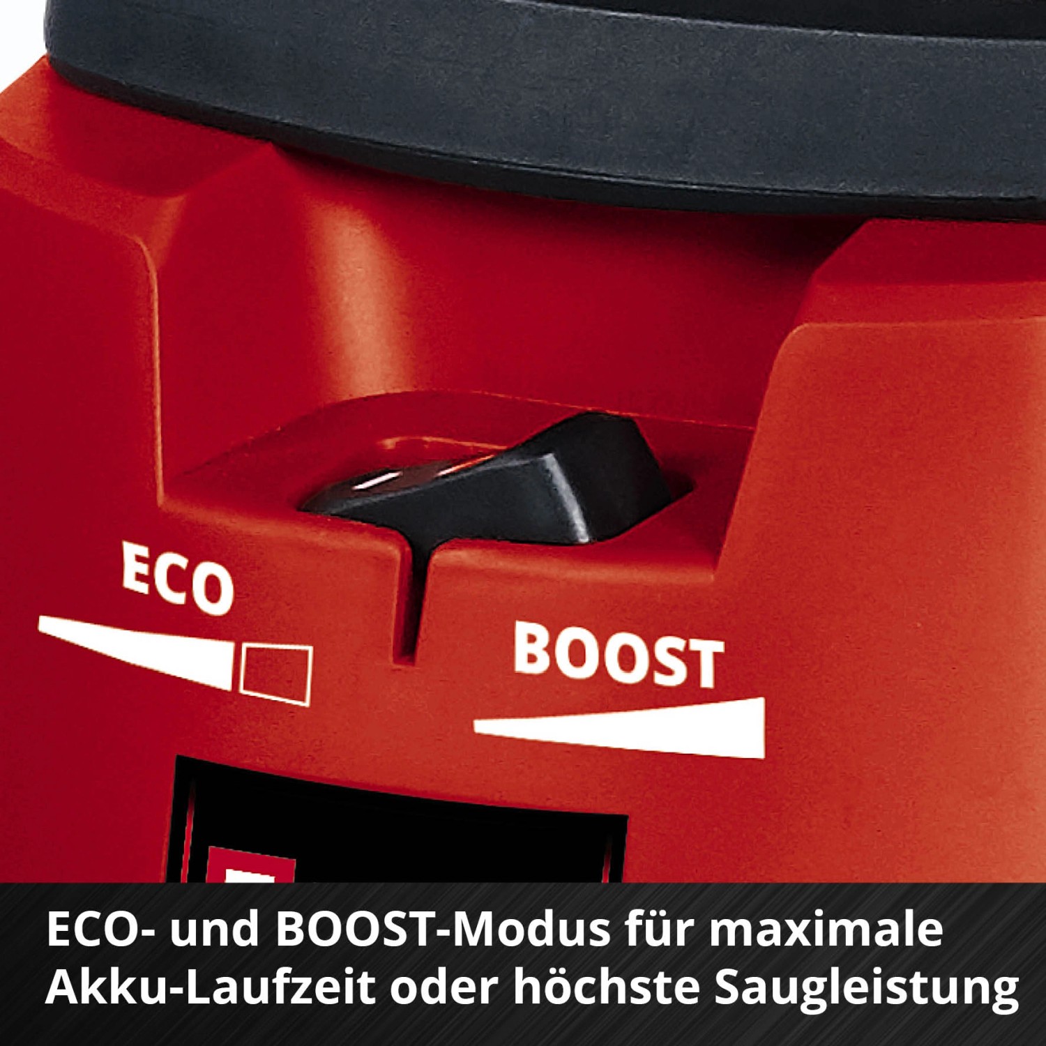 Detailaufnahme: Einhell Akku-Nass-Trockensauger mit Schalter für Eco- und Boost-Modus.