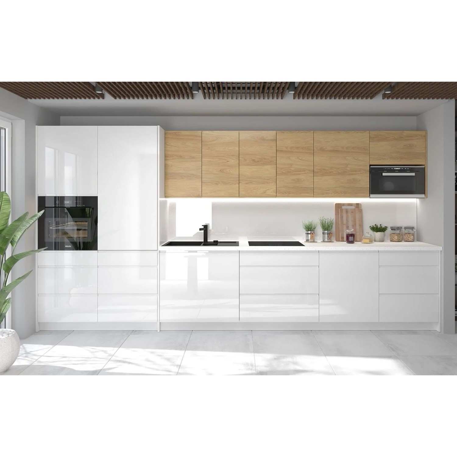 Feldmann-Wohnen Küchenzeile Avellino 10-tlg Weiß Acryl Hochglanz / Hickory Natur Matt / Weiß Matt 406 / 59 / 207cm Blum ...