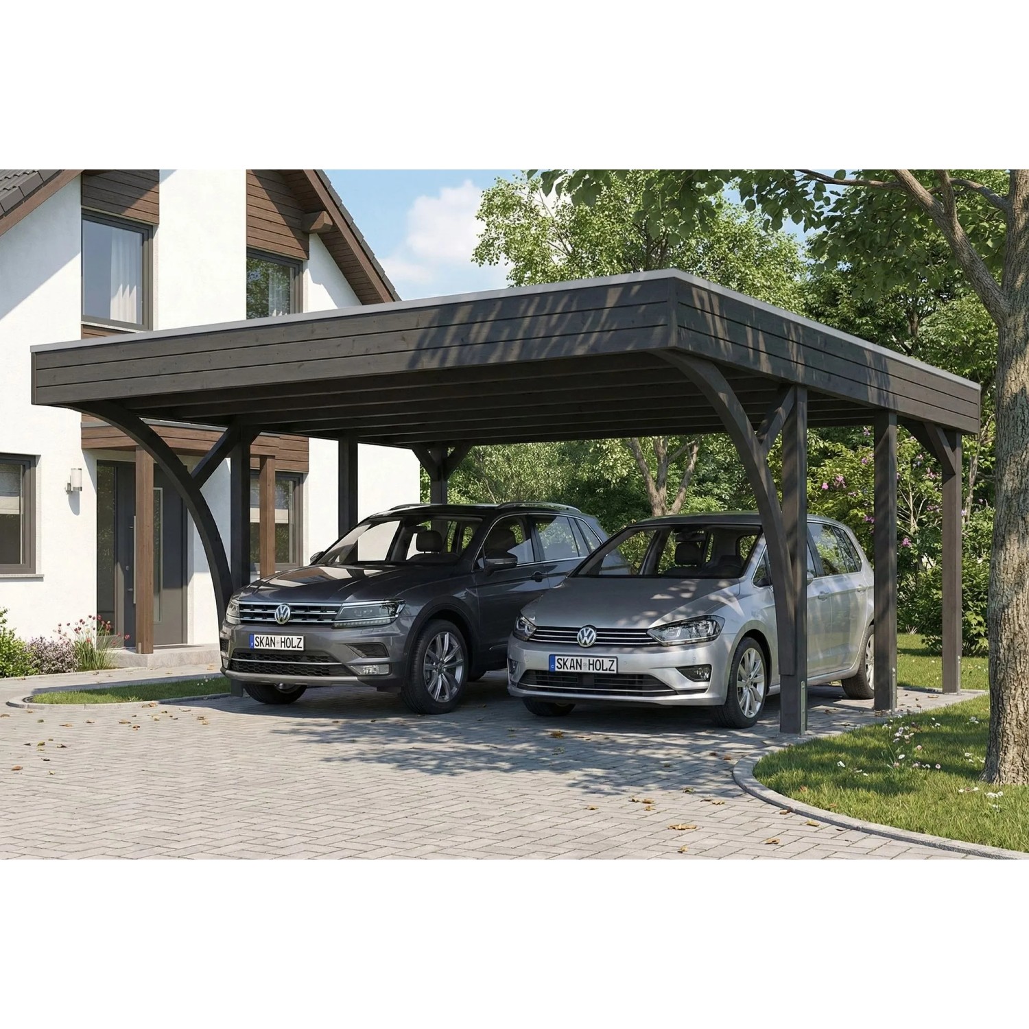 Skan Holz Carport Friesland schiefergrau mit Flachdach und Einfahrtsbögen, zwei Autos darunter.
