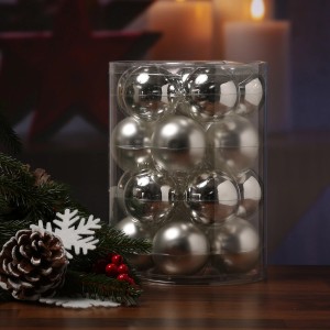 20er Set silberne Weihnachtskugeln, 6cm, Glas, glänzend und matt, im transparenten Behälter.