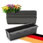 4er Set anthrazitfarbene Paletten Pflanzkästen mit Hängesystem, einer mit bunten Blumen bepflanzt.