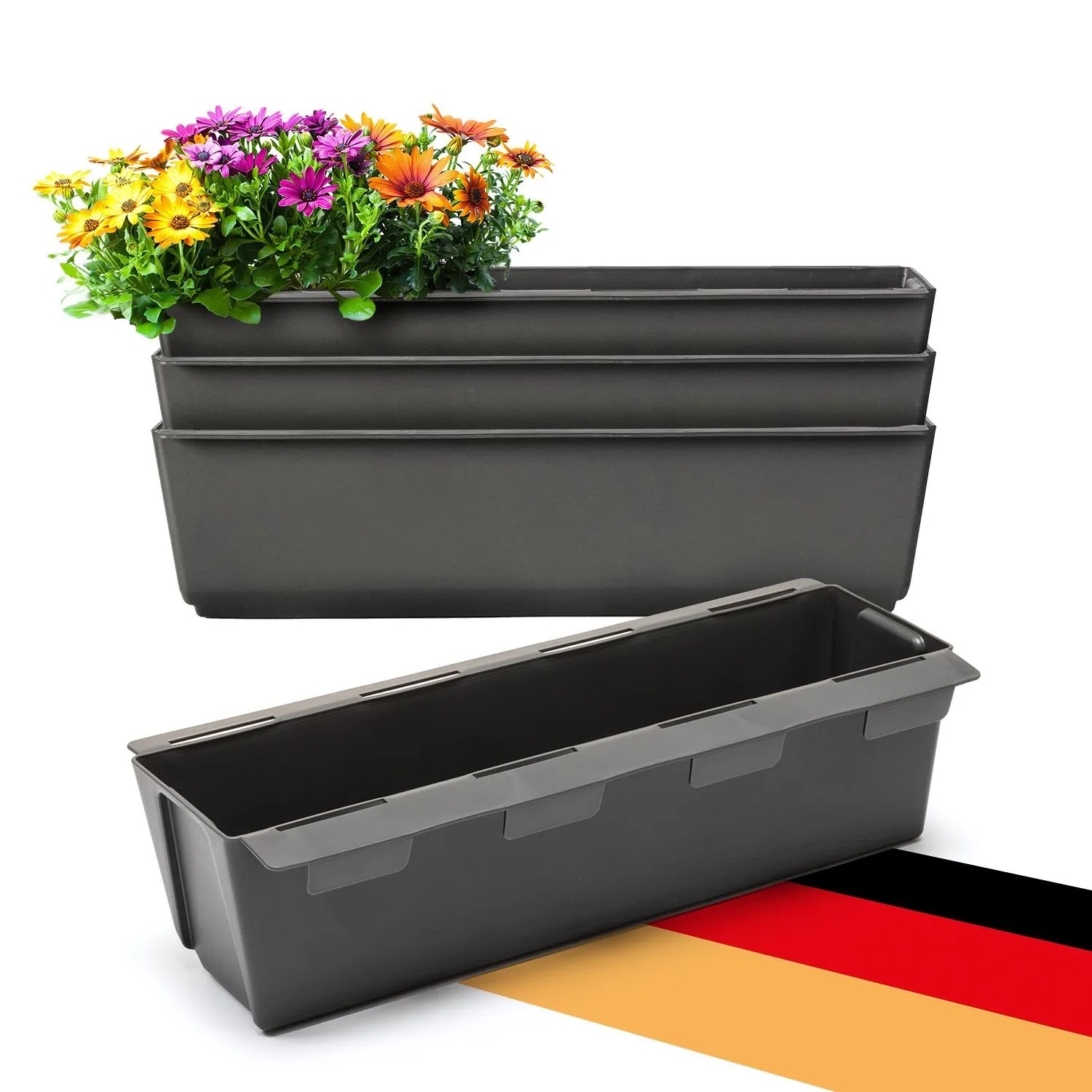 4er Set anthrazitfarbene Paletten Pflanzkästen mit Hängesystem, einer mit bunten Blumen bepflanzt.