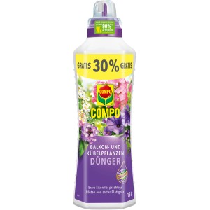 Compo Balkon- und Kübelpflanzendünger 1,3l Flasche mit Dosierhilfe und Blüten-Motiv.
