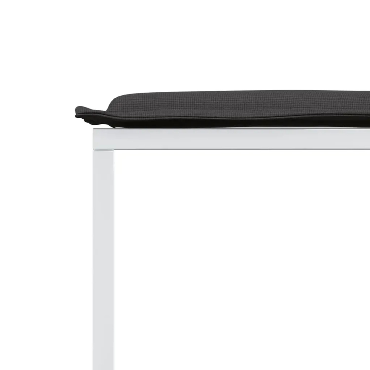 Detailansicht: Anthrazitfarbenes Kissen auf weißem Gartenhocker der vidaXL Garten-Essgruppe.