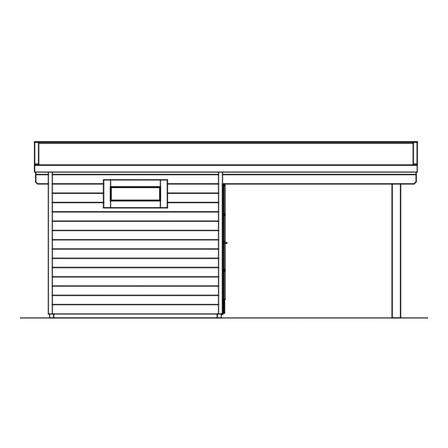 Illustration: Skan Holz Gartenhaus Dilbeek, 513x320 cm, schiefergrau, mit seitlicher Überdachung.