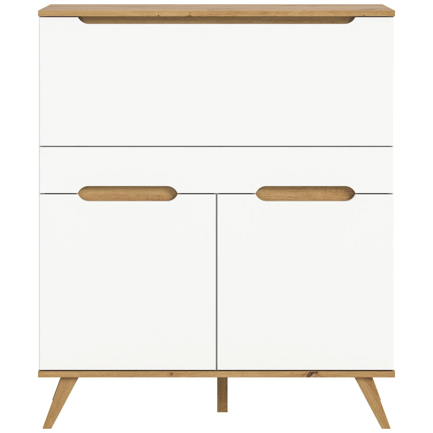 Weißer Inn.Furn Sekretär Hygge, 100 cm, mit Eiche-Akzenten, Klappe, Schubkasten, Türen und konischen Beinen.