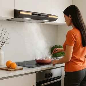 CIARRA Unterbauhaube 60cm in Küche mit LED-Beleuchtung beim Kochen unter Dunstabzugshaube.