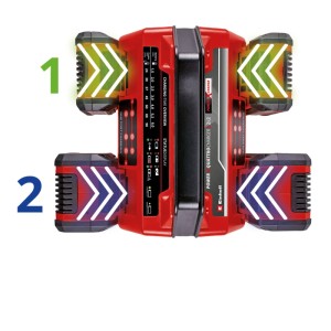 Rotes Einhell Power X-Quattrocharger 4 A Ladegerät für 4 Akkus, 2 Akkus laden mit grünen/blauen LEDs.