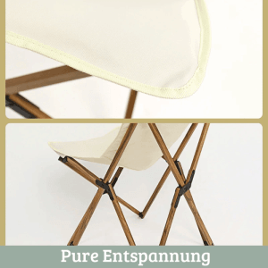 Faltbarer Campingstuhl in Creme mit Holzoptik-Gestell, Detailansicht.