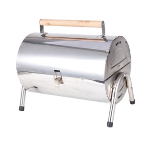 Silberner Edelstahl-Tischgrill mit Holzgriff, Deckel & Standbeinen. Klappbar, tragbar für Camping & Balkon.