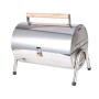 Silberner Edelstahl-Tischgrill mit Holzgriff, Deckel & Standbeinen. Klappbar, tragbar für Camping & Balkon.