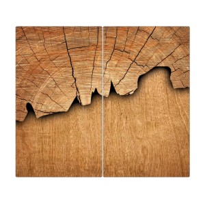 2-teilige Herdabdeckplatte aus Glas mit Baumscheiben-Motiv, je 30x52 cm.