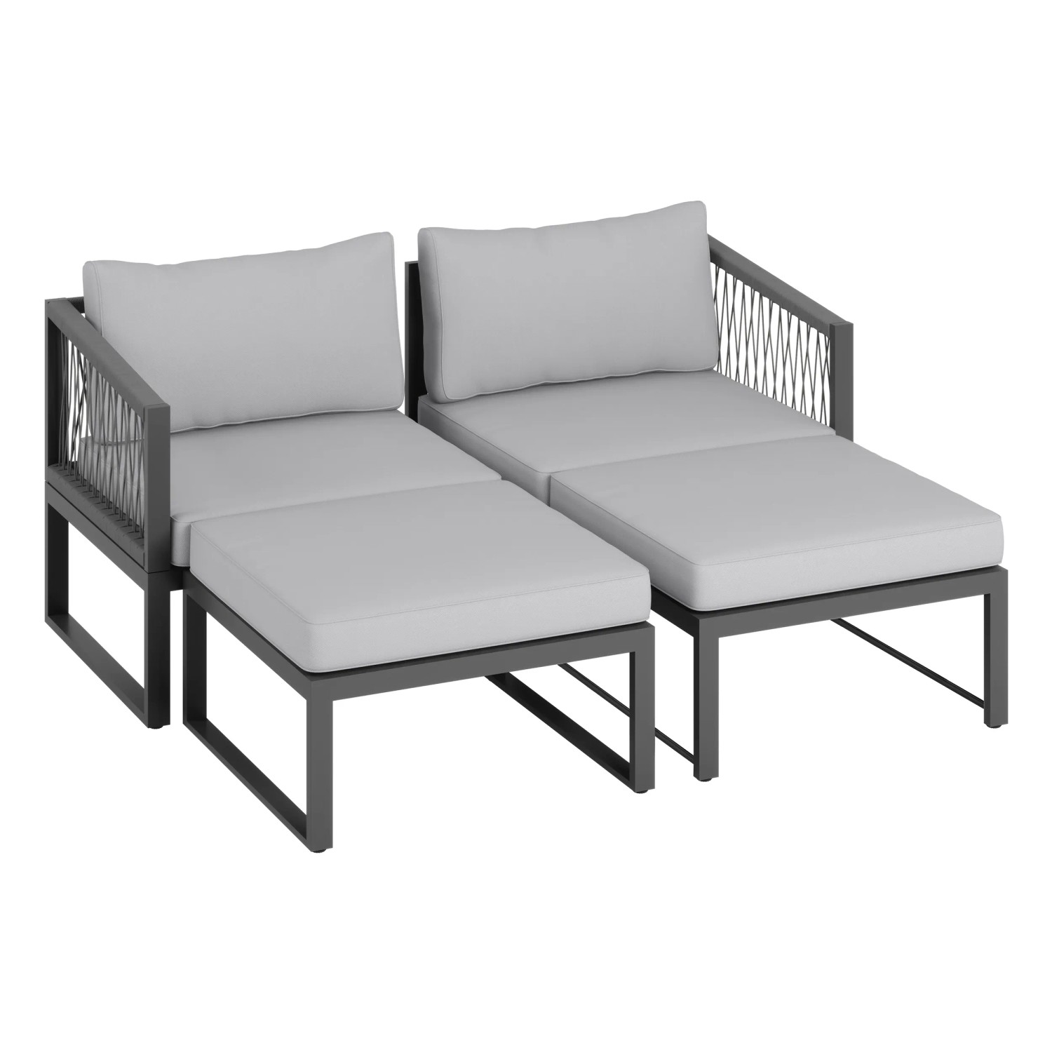 4-teiliges Lounge-Set Willa aus Aluminium in Anthrazit mit grauen Auflagen und Kissen.