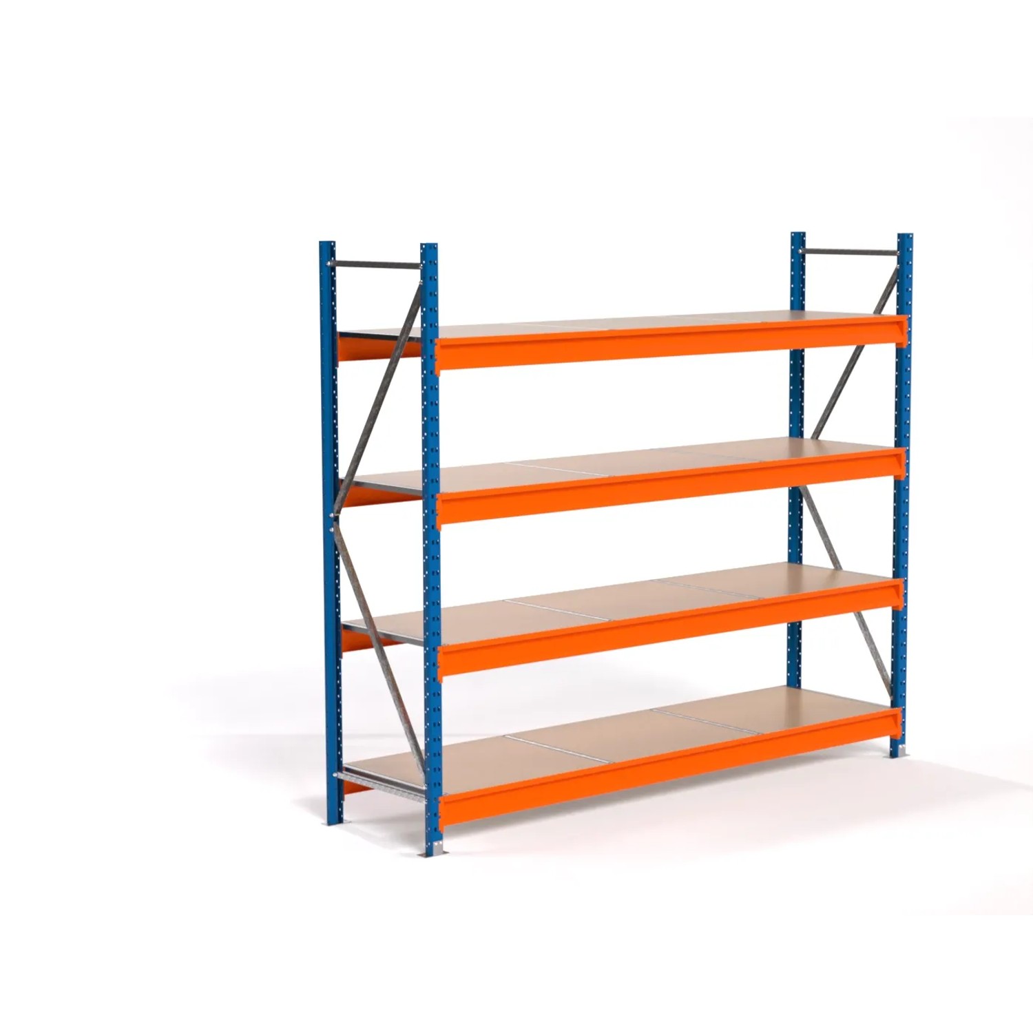 PROREGAL Industrie Weitspannregal Lagerregal MAXIMUS PRO Grundregal HxBxT 200x225x60cm 4 Spanplatten-Fachboden Fachlast 610kg Blau/Orange