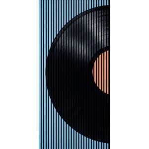Dekorative Akustikplatte mit Schallplattendesign, blau, schwarz und orange, 1133x19x2400 mm.