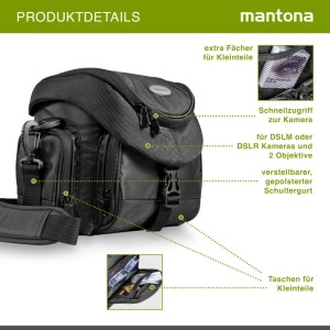 Schwarze Mantona Premium Fototasche für DSLR/DSLM Kameras & 2 Objektive. Gepolsterter Schultergurt, Schnellzugriff, viele Fächer.