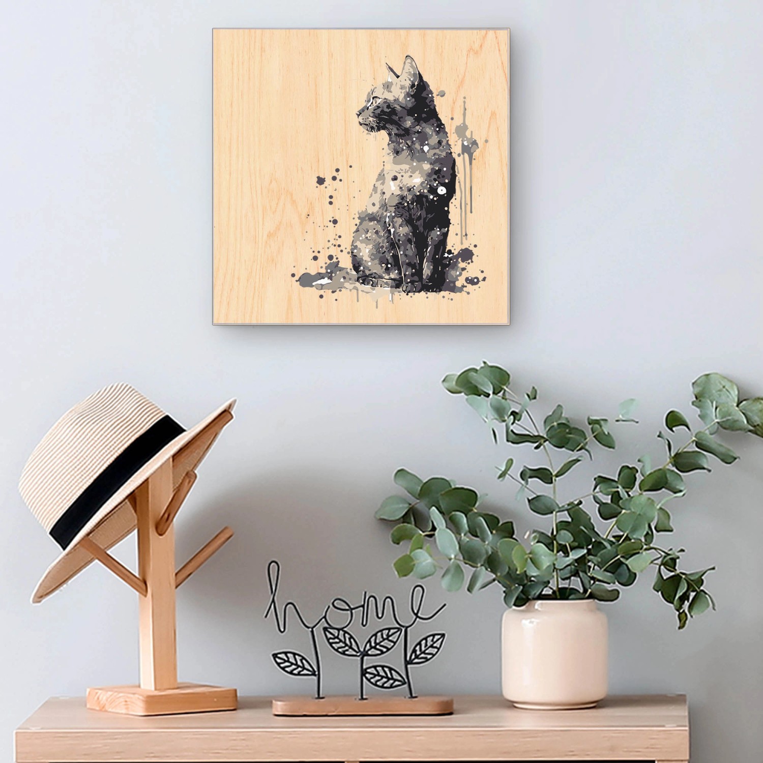 Banjado Schlüsselbox mit Aquarellkatze, 30x30cm, weiße Holzfront, 50 Haken. Schlüsselkasten für die Wand.