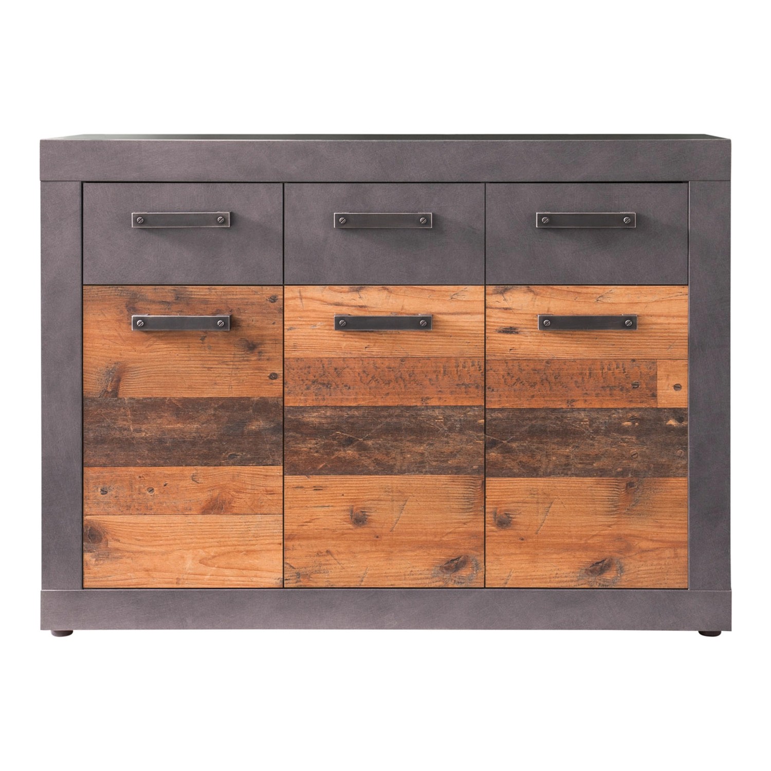 ebuy24 Indy Kommode 3 Türen 3 Schubladen Grau Eiche Dekor Old Wood Dekor günstig online kaufen