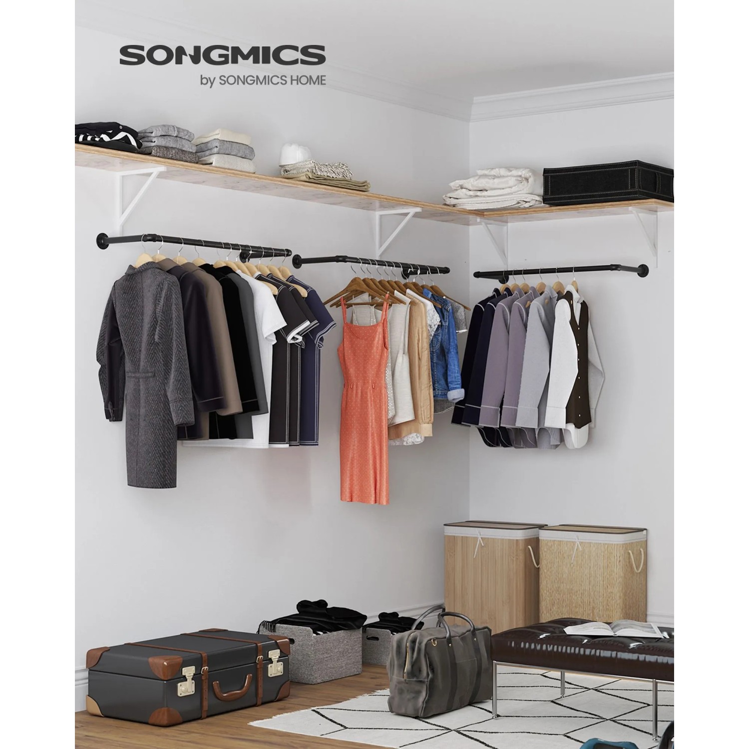 Songmics Kleiderstangen Wandbefestigung, 2er Set, schwarz, für mehr Stauraum im Kleiderschrank.