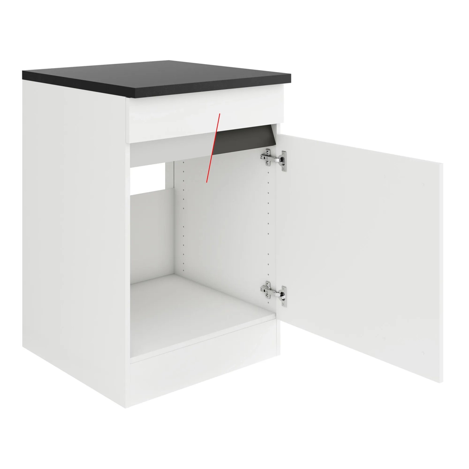 Optifit Spülenunterschrank Luca932, 60 cm, weiß/anthrazit mit offener Tür.
