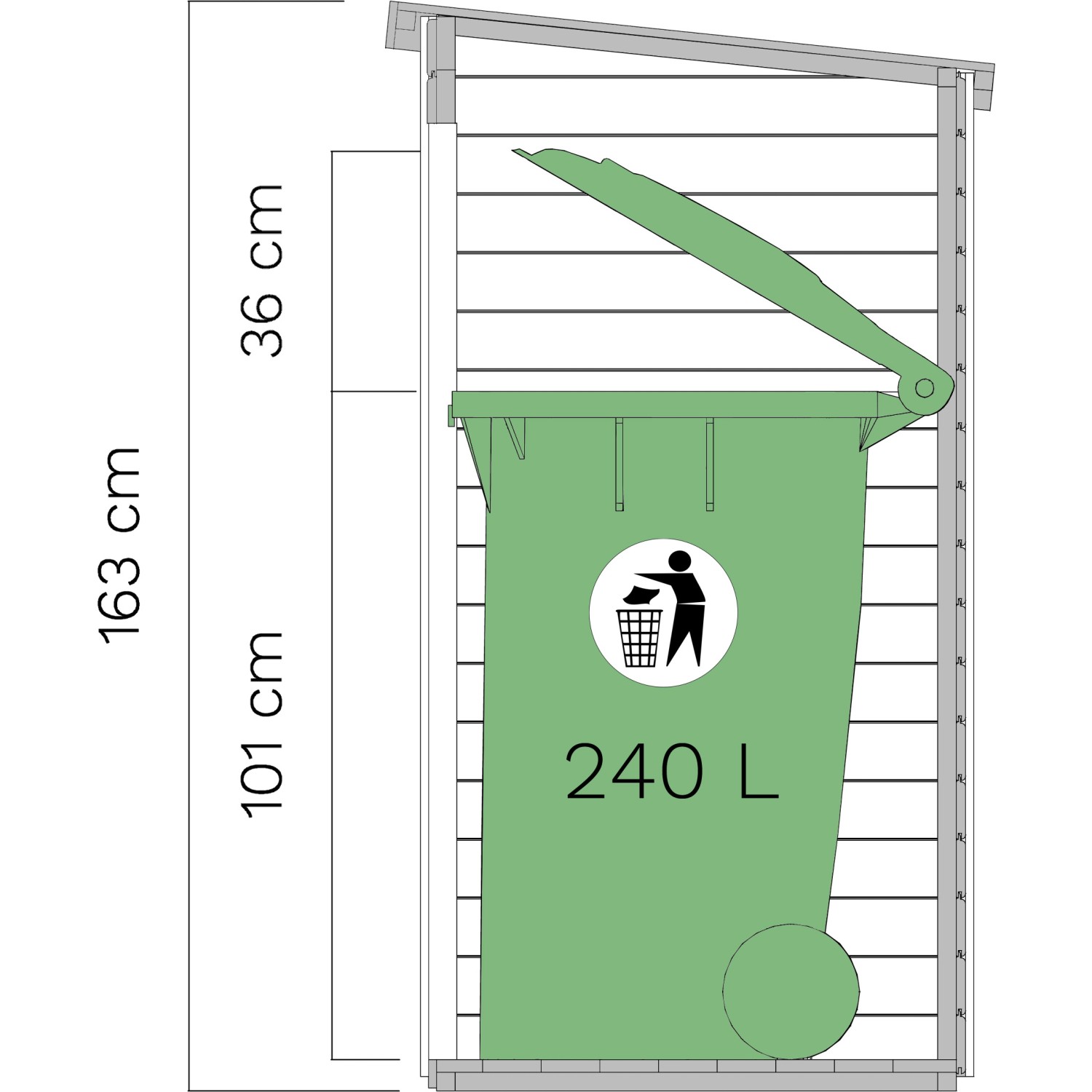 Skizze: Grauer Bertilo Gartenschrank Multibox 3 (200x82cm) mit Mülltonne. Ideal zur Aufbewahrung im Garten.