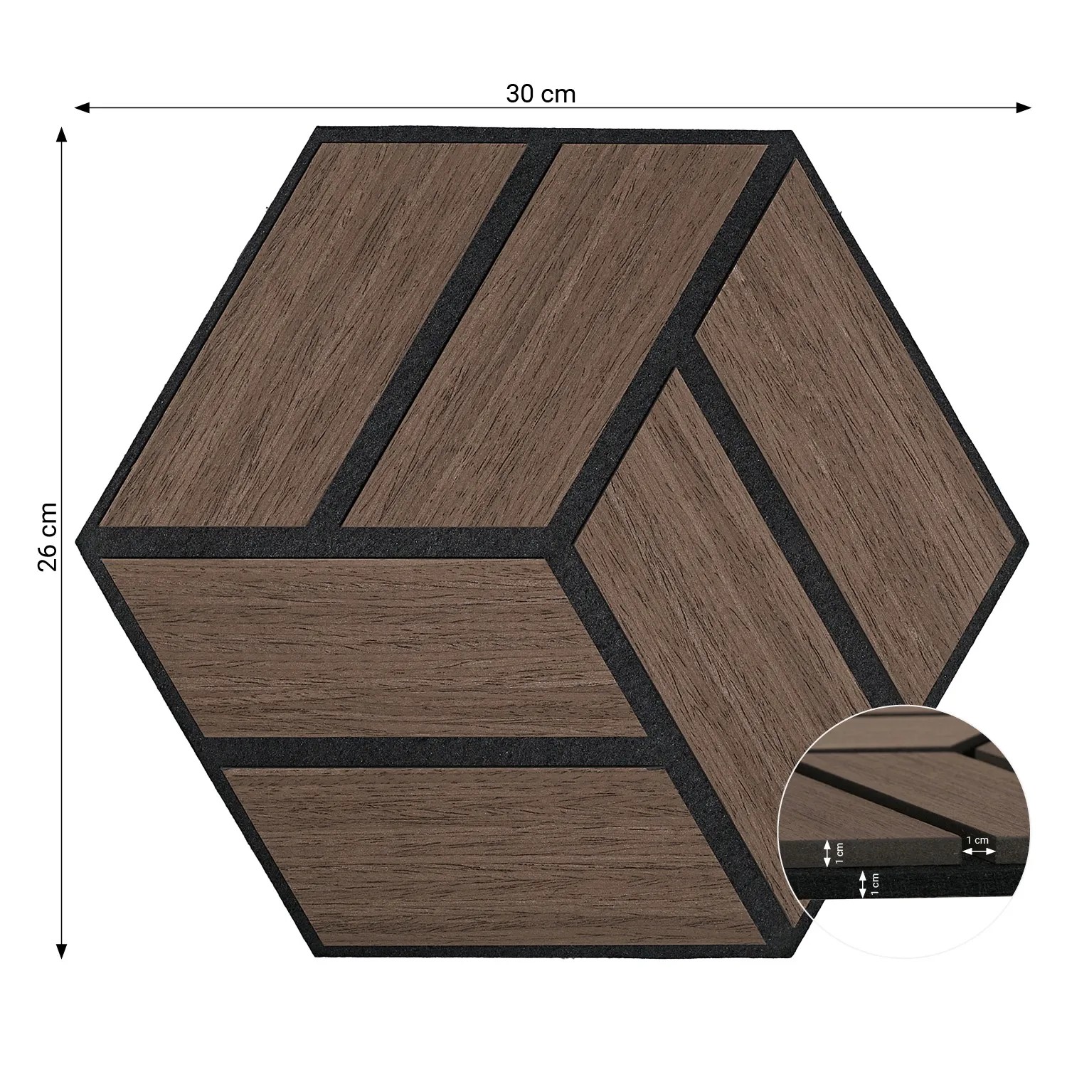 Homestyle4u Akustikpaneel in Braun, 30x26cm, 4er Set, Hexagon Wandpaneel aus Holz.