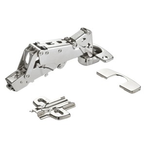 SOTECH 165° Weitwinkelscharnier, Soft Close, Eckanschlag, vernickelt, mit Montageplatte und Abdeckung.