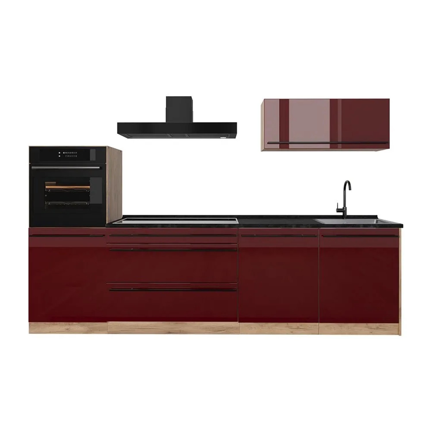 Vicco Küchenzeile R-Line Rot Hochglanz/Goldkraft Eiche 280 x 143 Arbeitsplatte Anthrazit Art Nr 66485
