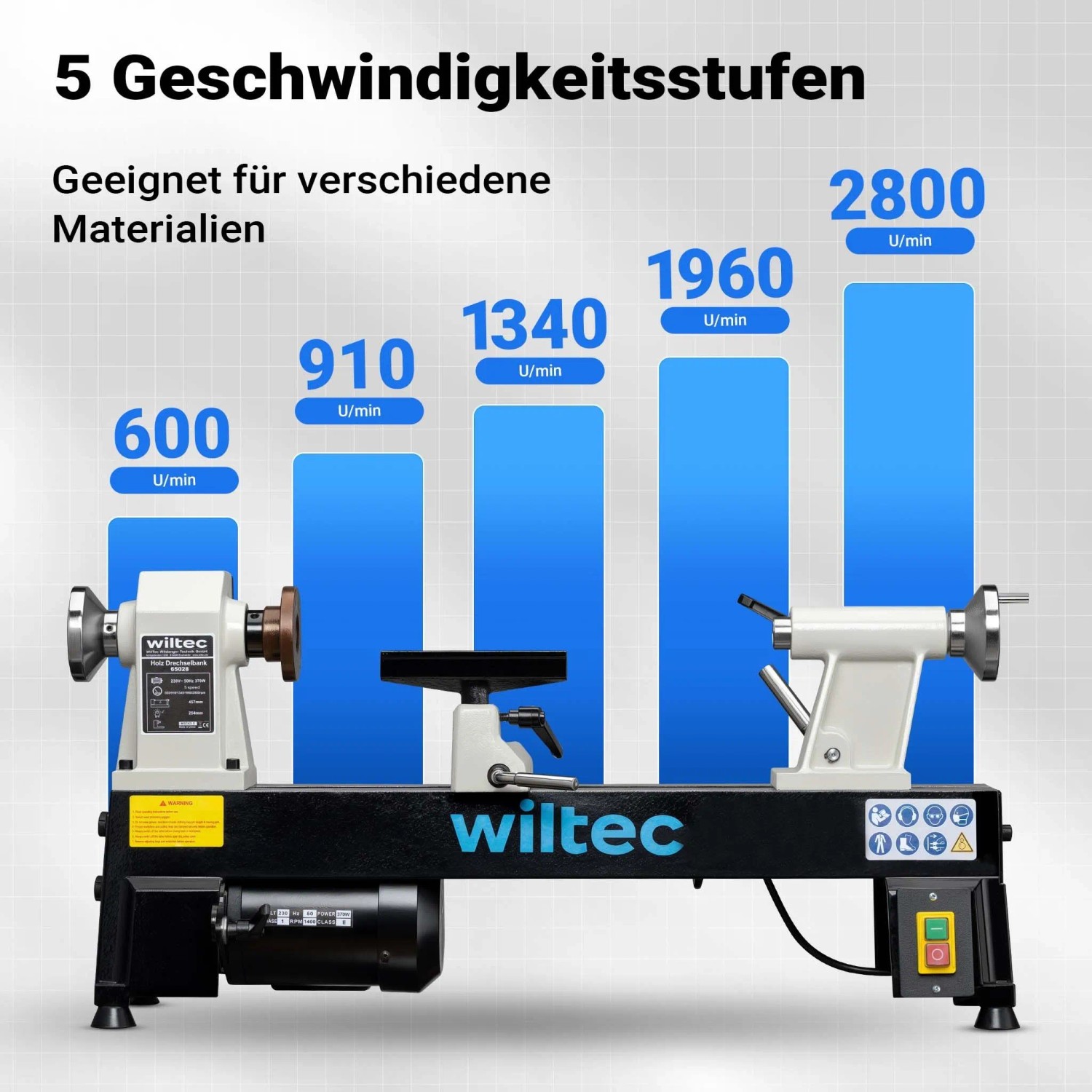 Wiltec Drechselbank mit 5 Geschwindigkeitsstufen (600-2800 U/min) für Holzbearbeitung. Vielseitige Drechselmaschine.