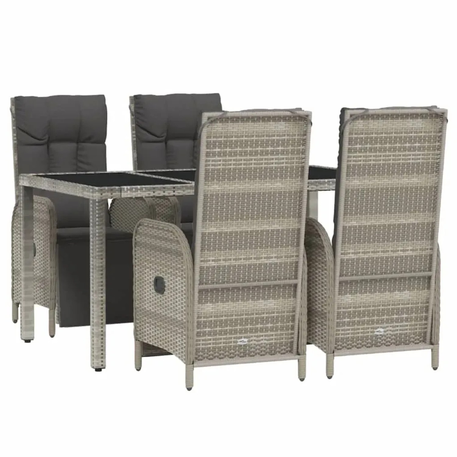 Graue 5-tlg. vidaXL Garten-Essgruppe aus Polyrattan mit Tisch und Stühlen mit Kissen.