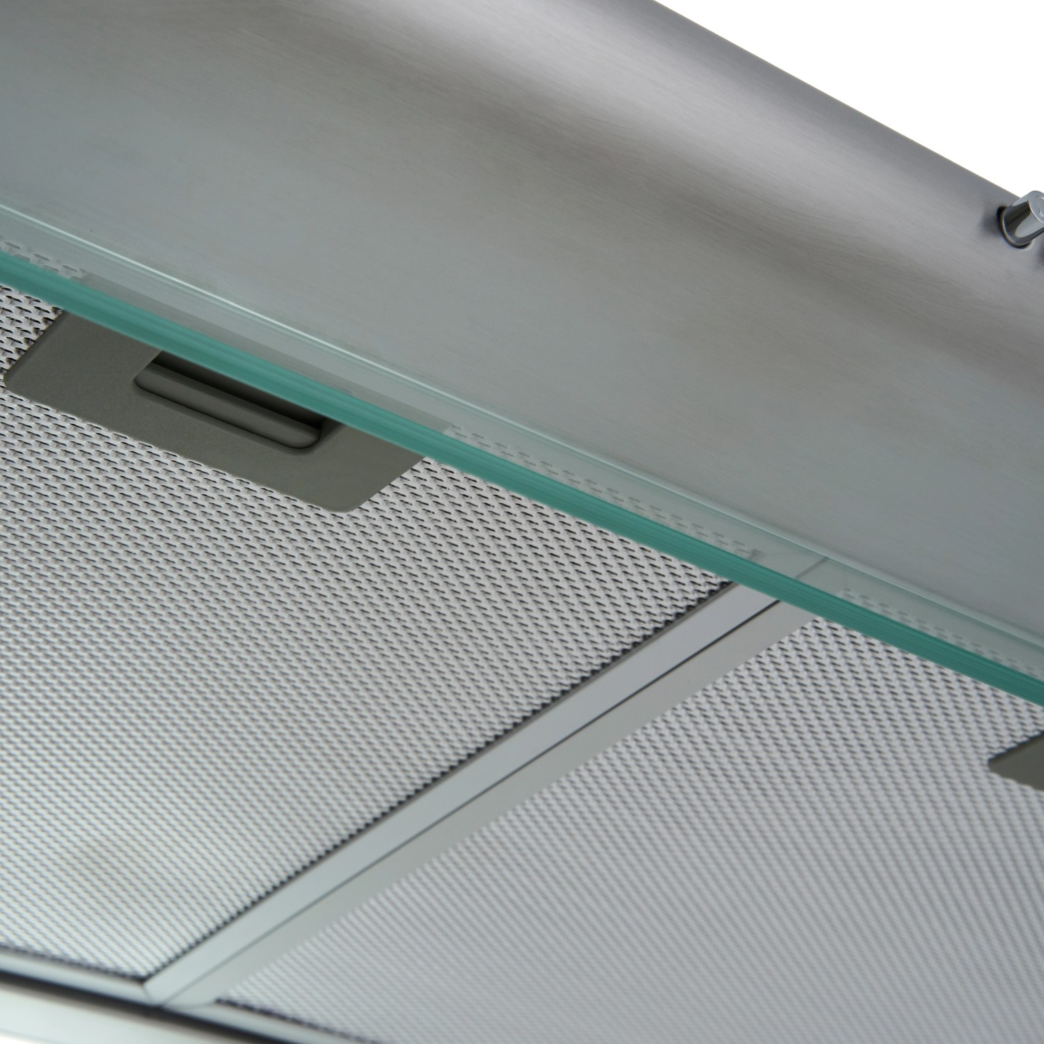 Respekta Unterbau-Dunstabzugshaube aus Edelstahl mit Glasschirm, Detailansicht.