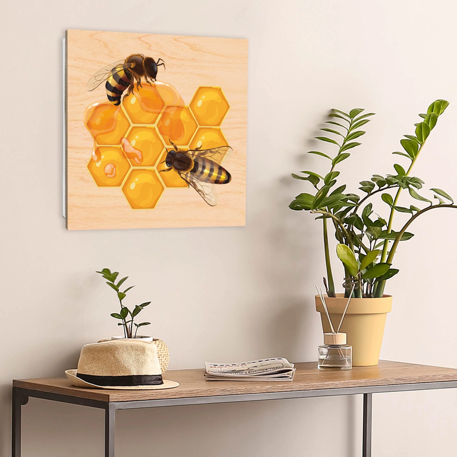 Banjado Schlüsselbox mit Bienenmotiv auf Honigwaben, Holzfront, 50 Haken, weiße Box, Scharnier rechts.