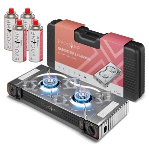 Evocamp Camping Gaskocher 2-flammig mit Gaskartuschen und Transportkoffer.