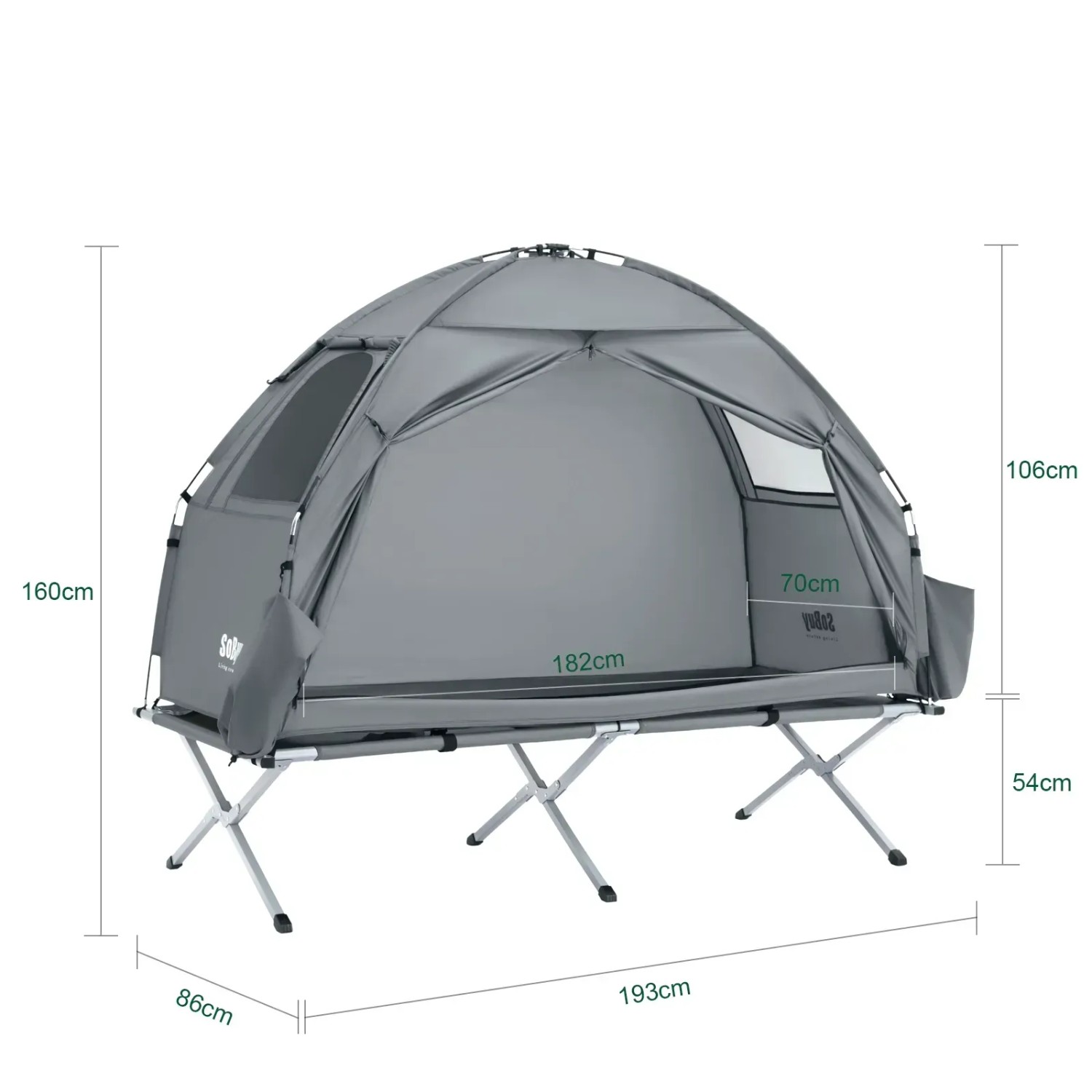 Graues 3in1 Campingzelt für 1 Person mit Feldbett und Moskitonetz, ideal für Outdoor-Abenteuer.