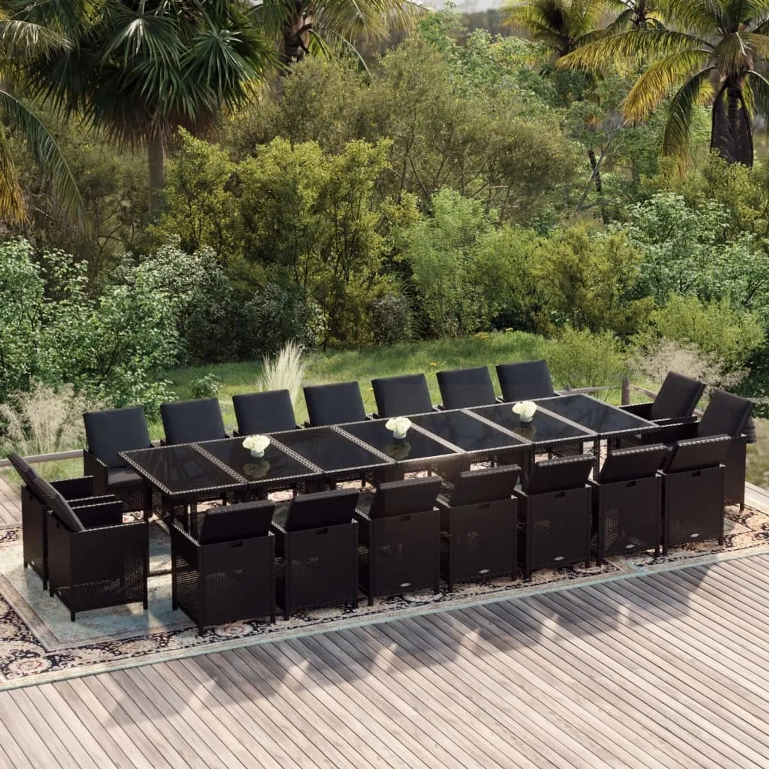 Schwarze vidaXL 19-tlg. Garten-Essgruppe aus Rattan mit Kissen. Gartenmöbel-Set mit großem Tisch und 18 Stühlen.
