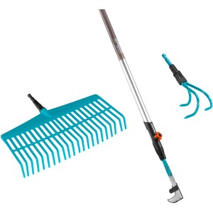 Gardena Combisystem Komplettset: Rechenbesen, Grubber, Fugenkratzer und Stiel.