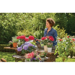 Frau benutzt Gardena Pumpsprüher 1 l zum Bewässern von Blumen auf einer Gartenbank.
