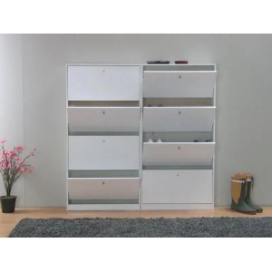 ebuy24 Schuhschrank Escape mit 8 Klappen, weiß, teilgeöffnet. Schuhkommode für Flur oder Hauswirtschaftsraum.