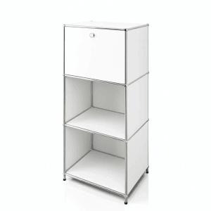 Weißes Floordirekt Metallregal Concept Epure MK-107 mit 4 Ebenen: 1 verschließbares Fach, 3 offene Regalböden.