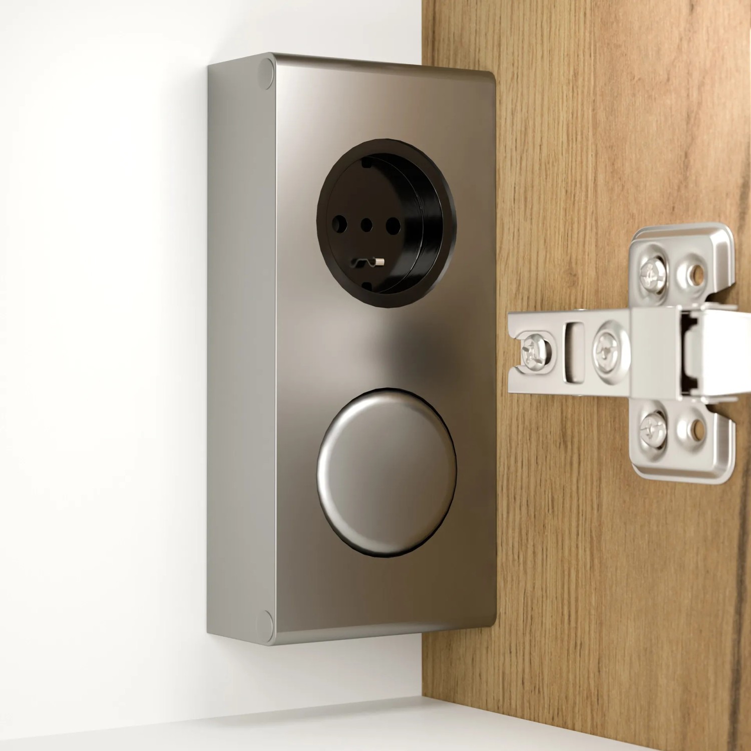 Detailaufnahme: Steckdose und Lichtschalter im Posseik Spiegelschrank Eiche Gold.