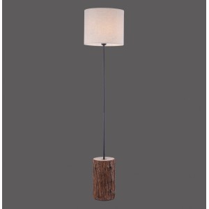 Stehleuchte Bark im Holzdekor, 165 cm hoch. Design-Lampe mit beigem Schirm und rustikalem Holzfuß.
