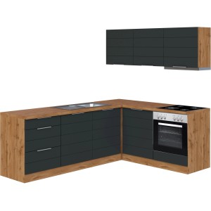 Moderne Winkelküche in Grau-Wotaneiche Optik mit E-Geräten, 240x180 cm. Küchenzeile mit Dunstabzugshaube, Herd und Geschirrspüler.